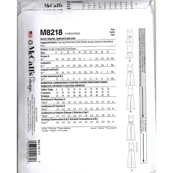 McCall's M8218 Misses 16 to 24 Jumpsuit, Romper and Belt Uncut Sewing Pattern - Picture 2 of 2